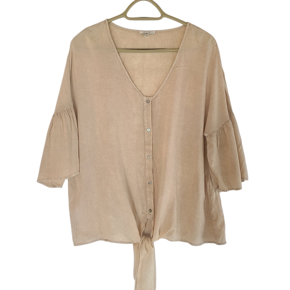 JODIFL Cream Button-Down Blouse with Tie-Front And Short Bell Sleeves Size S